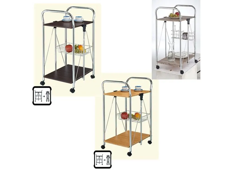 Folding serving trolley with handle frame and wooden board