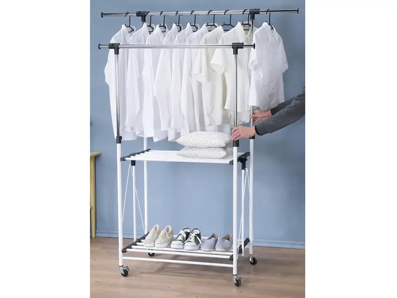 Foldable double bar clothes rack with bottom Iron pipe shelf