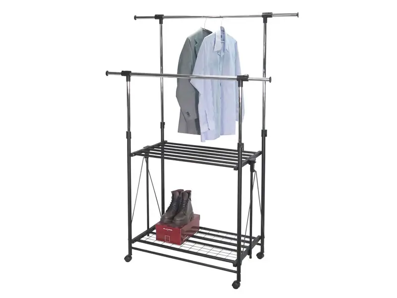 Foldable double bar clothes rack with bottom iron mesh shelf