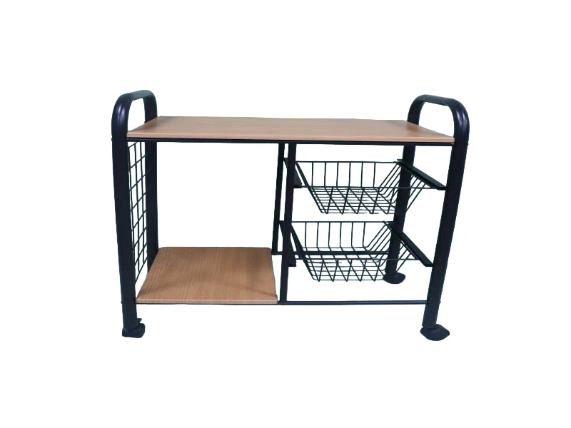 2 Basket Drawer Wooden Board Kitchen Trolley