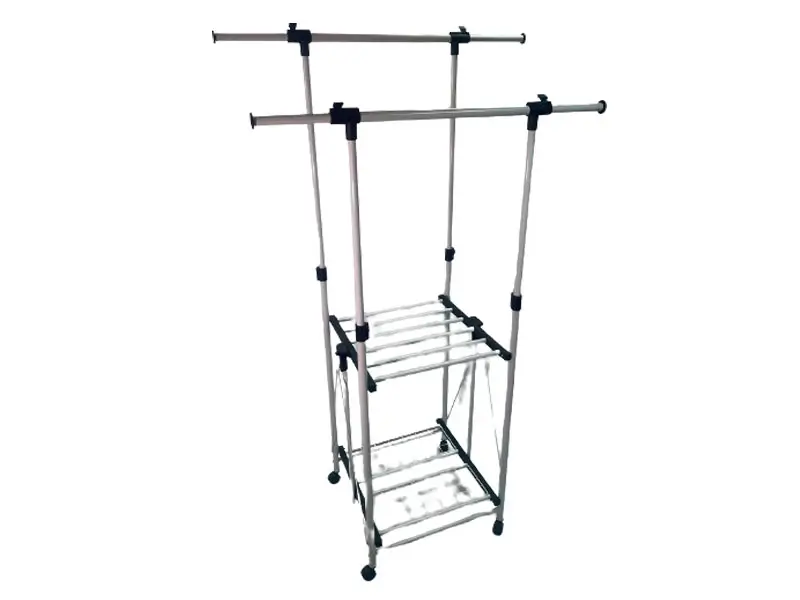 Small double bar foldable clothes rack with bottom iron mesh shelf