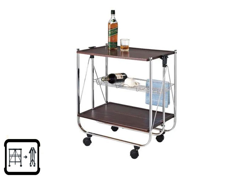Carved wooden board 2 tier foldable trolley with wine rack