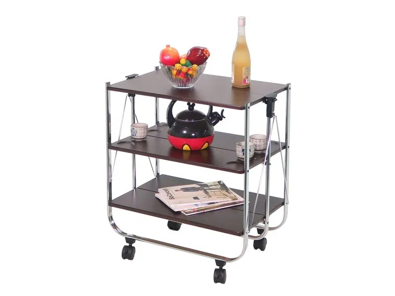 Wooden board 3 tier foldable trolley with cup slots